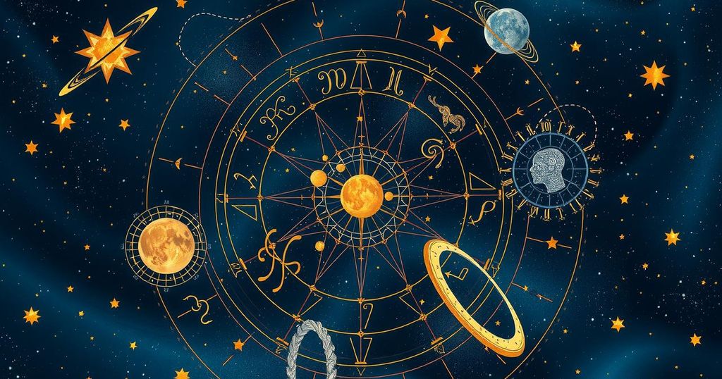 Astrological symbols representing zodiac signs with a cosmic background, showcasing astrology themes and celestial colors.