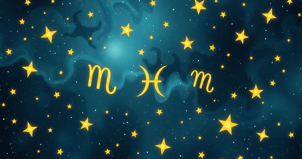 Astrological symbols with zodiac signs in a celestial background of stars and constellations, in vibrant colours.