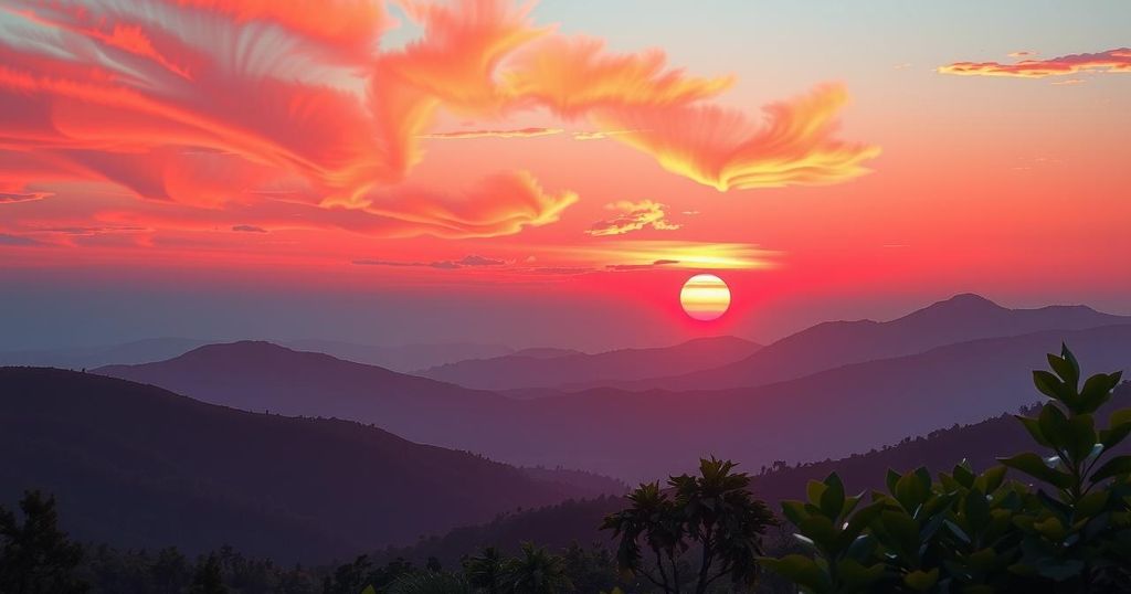 A serene scene depicting good news and positivity, featuring warm blood red tones and a calm landscape in a realistic style.