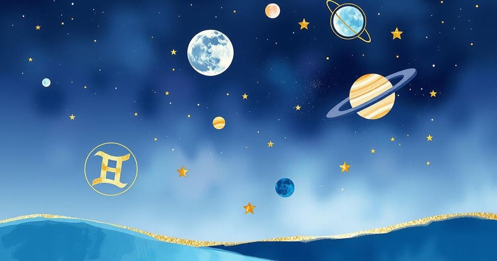 A cosmic scene featuring planets, zodiac symbols, and a calming night sky, embodying a vibe shift in astrology.