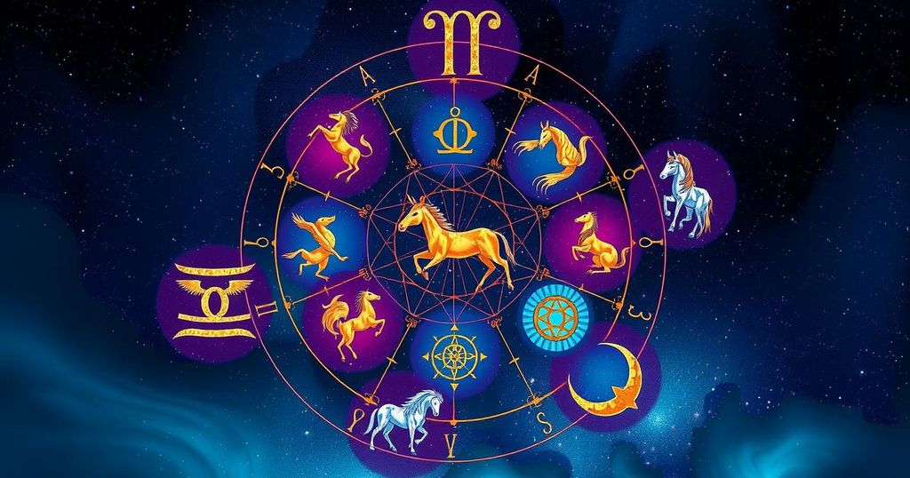 Colourful astrological symbols representing the twelve zodiac signs in a mystical cosmic setting.
