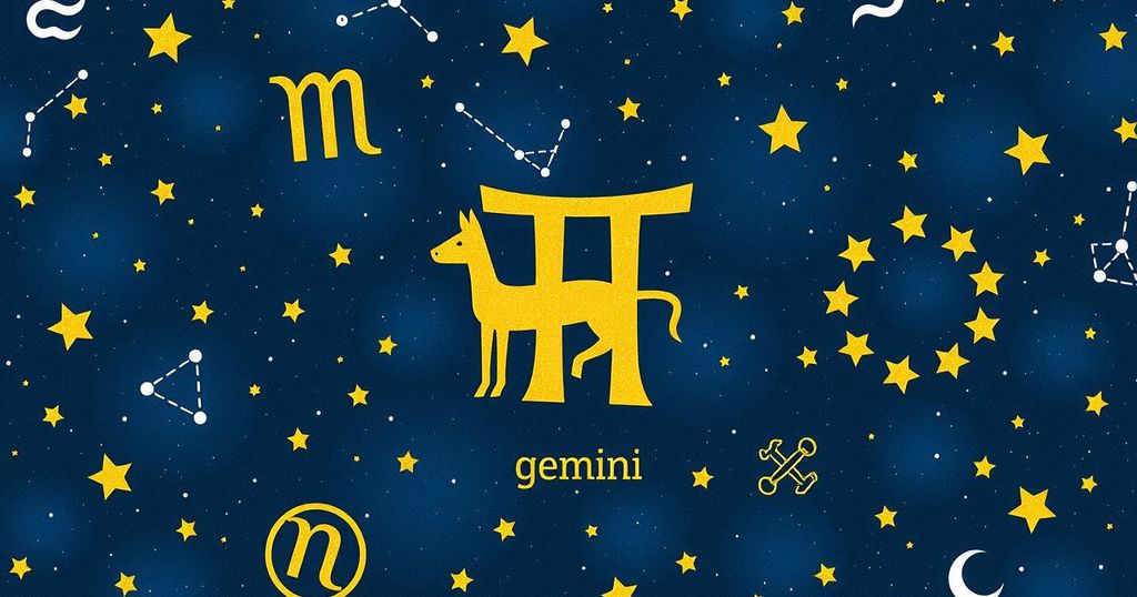A vibrant illustration showcasing astrology symbols and constellations, featuring a productive Gemini theme.
