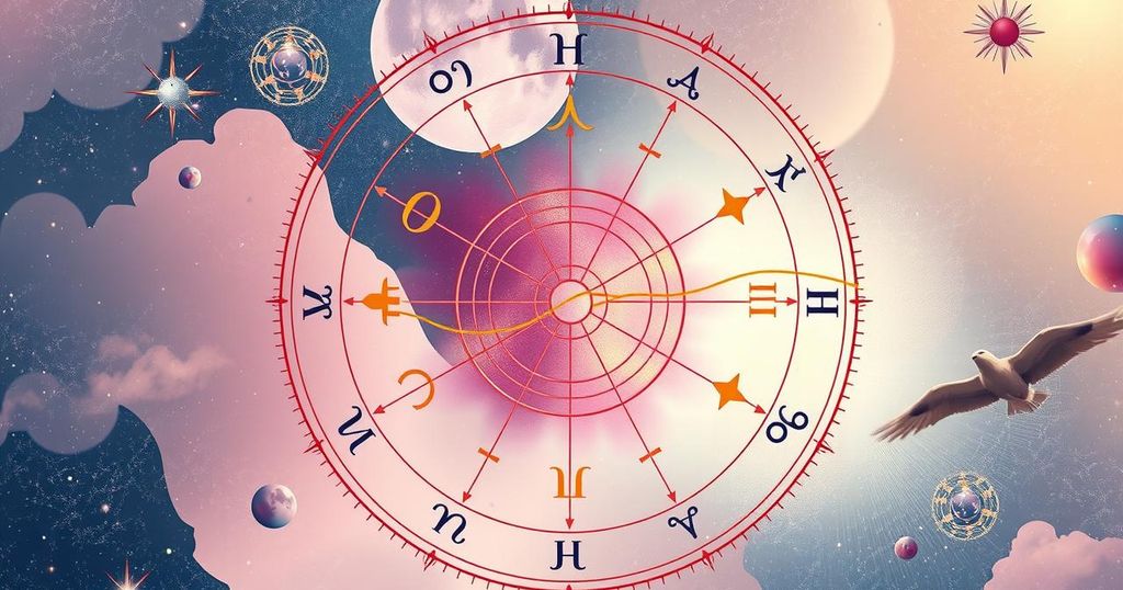 Astrological chart with zodiac symbols, soft pastels, and an abstract style to represent horoscope insights.