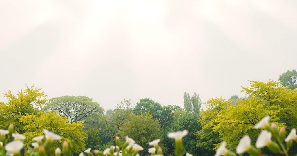 A serene landscape featuring a pearl white sky and lush greenery, symbolising growth and harmony.