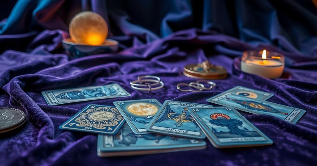 Tarot cards on a velvet cloth, New Moon backdrop in soft hues, inviting introspection and clarity for zodiac signs.