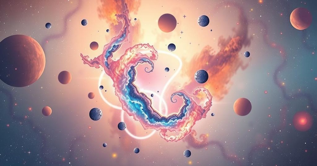 A vibrant cosmic scene depicting innovative ideas and connections for Aquarius in April, with soft pastels and dreamy nebulae.
