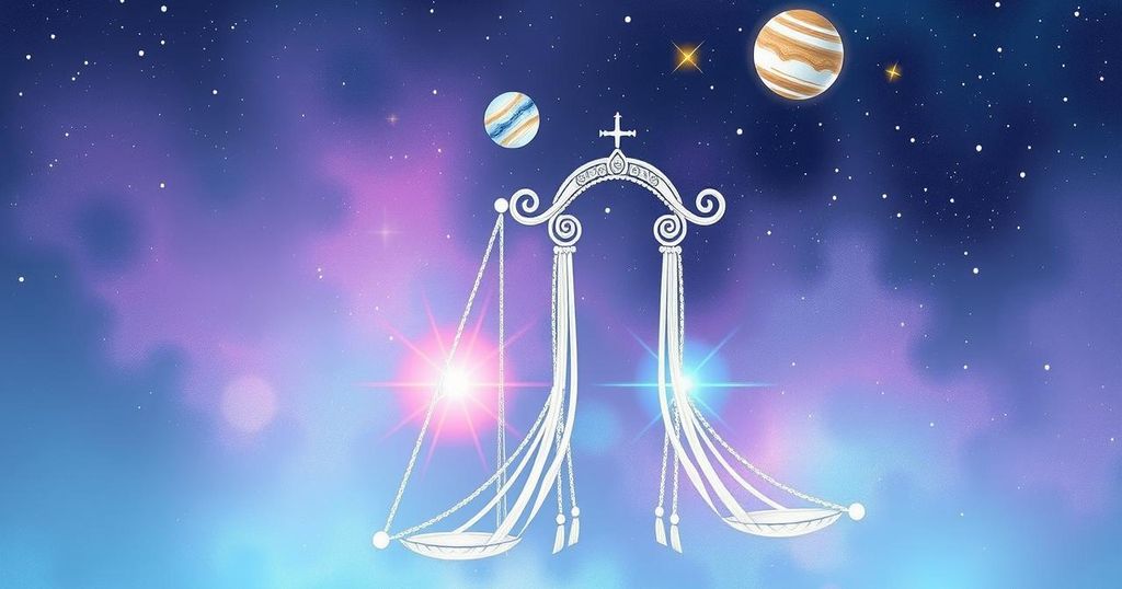 A cosmic background with Libra symbol, stars, and planetary motifs, blending soft pastels and cosmic vibrations.