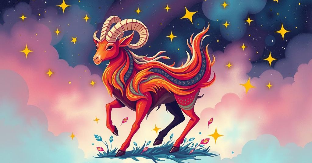 A fiery ram represents Aries season, against a cosmic backdrop, symbolising new beginnings and transformation.