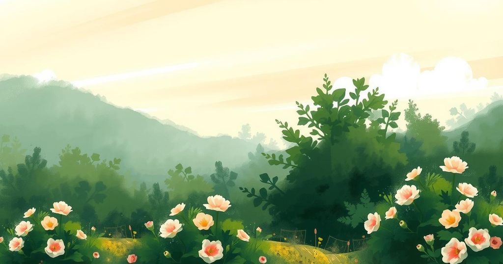 A serene nature scene with vibrant green landscapes, soft pastel skies, and blooming flowers, embodying harmony and growth.