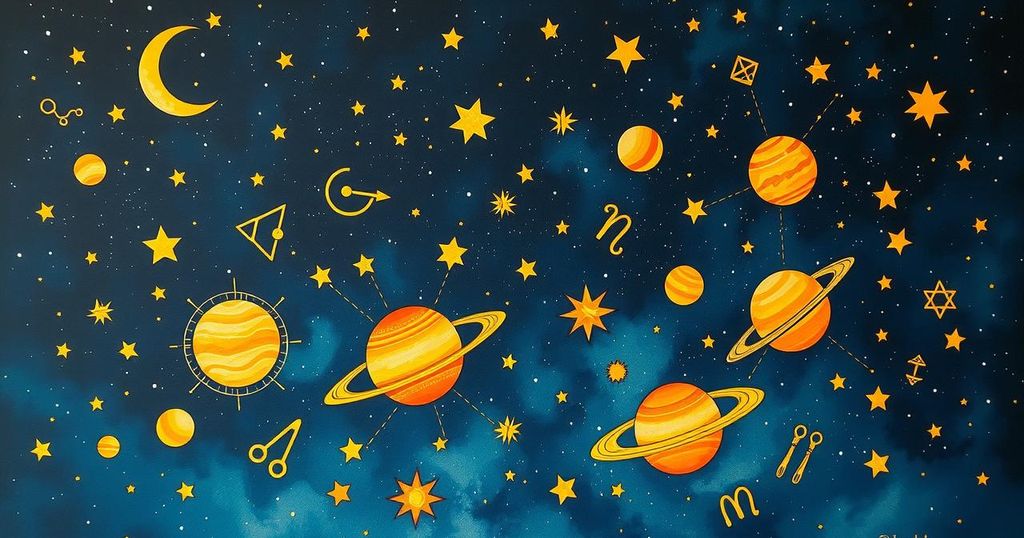 Astrological forecast illustration featuring celestial bodies and zodiac signs against a cosmic backdrop in warm hues.