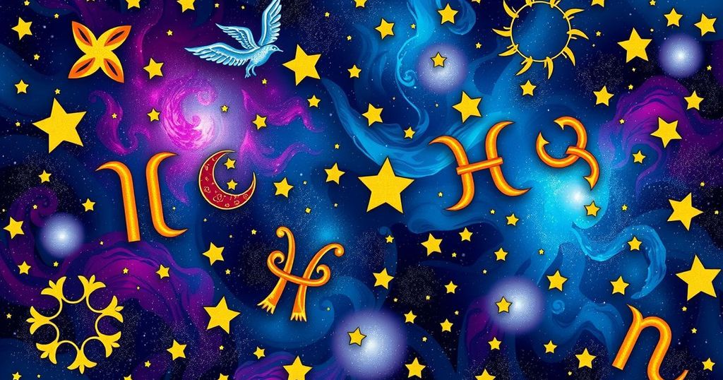 Colourful astrology symbols on a cosmic background, symbolising zodiac signs and horoscope insights.