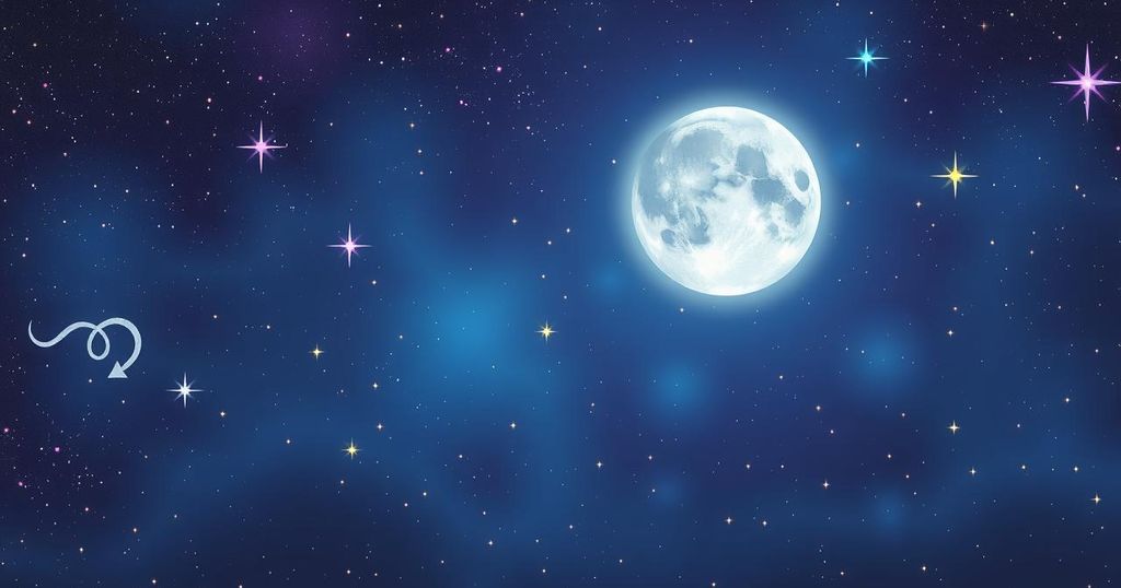 Celestial scene with zodiac signs surrounded by stars and a new moon in a mystical sky, vibrant hues of blue and purple.