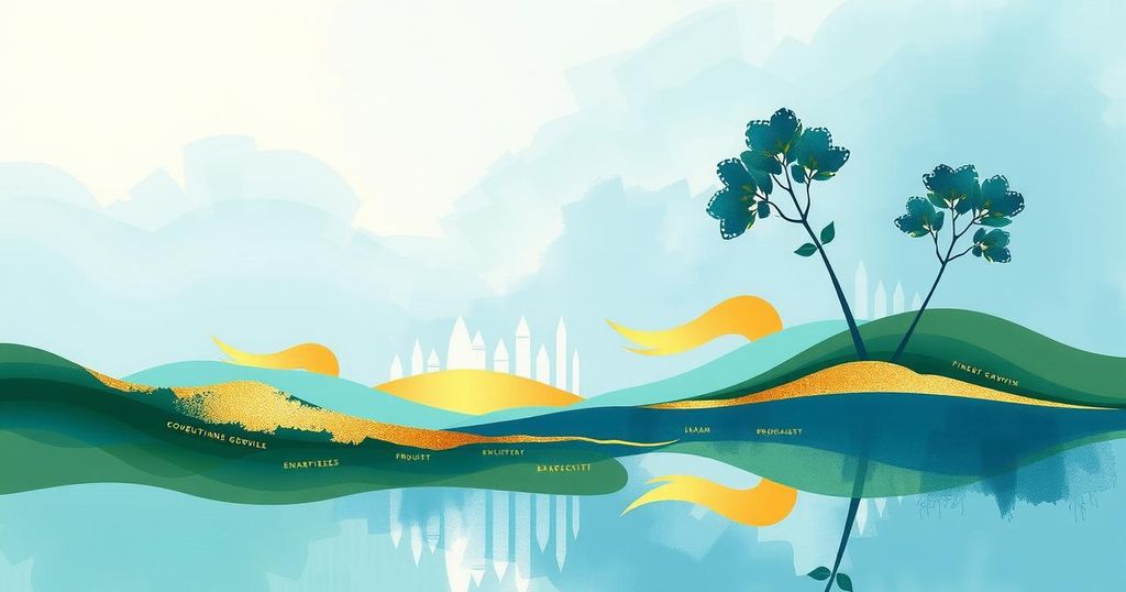 An abstract representation of emotional growth and productivity, featuring soft hues of blue, green, and gold.