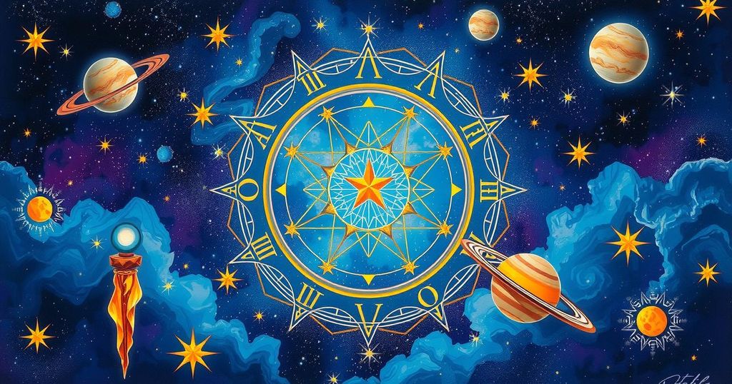 Astrological symbols and celestial elements surrounded by a cosmic backdrop in deep blue and purple hues.