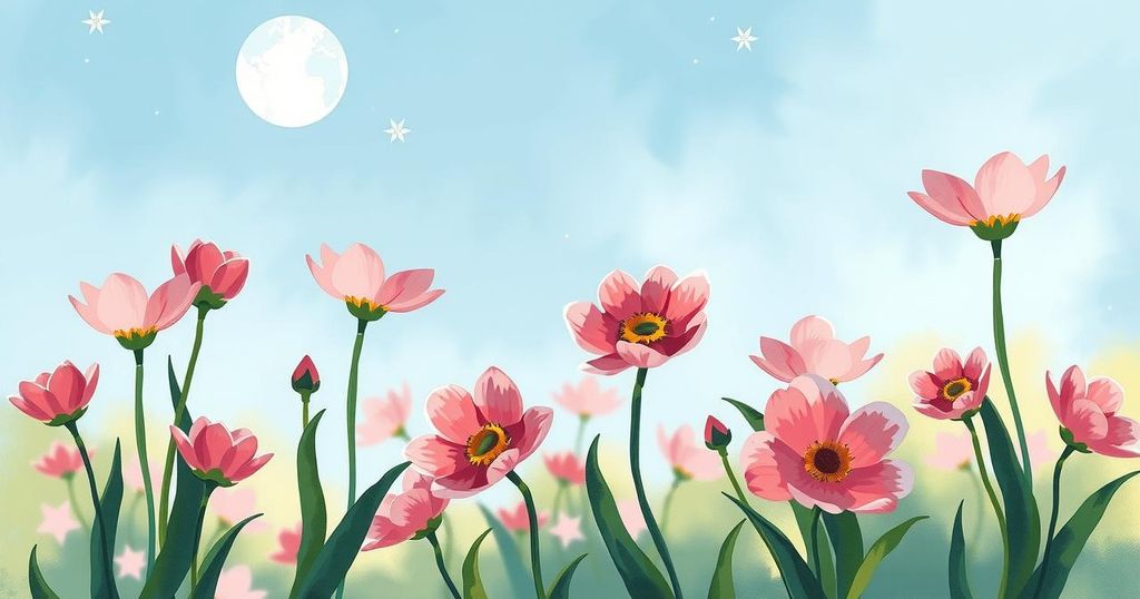 A serene spring landscape with blooming flowers and a calm sky, symbolising Taurus energy and renewal in April.