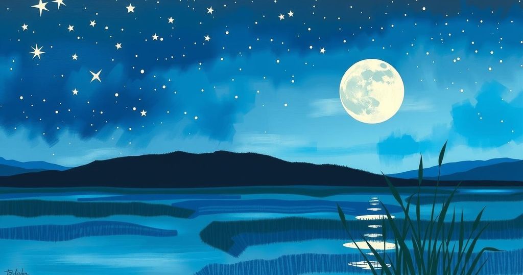 A calm scene depicting a starry night sky with a prominent full moon illuminating a tranquil landscape, inspiring introspection.