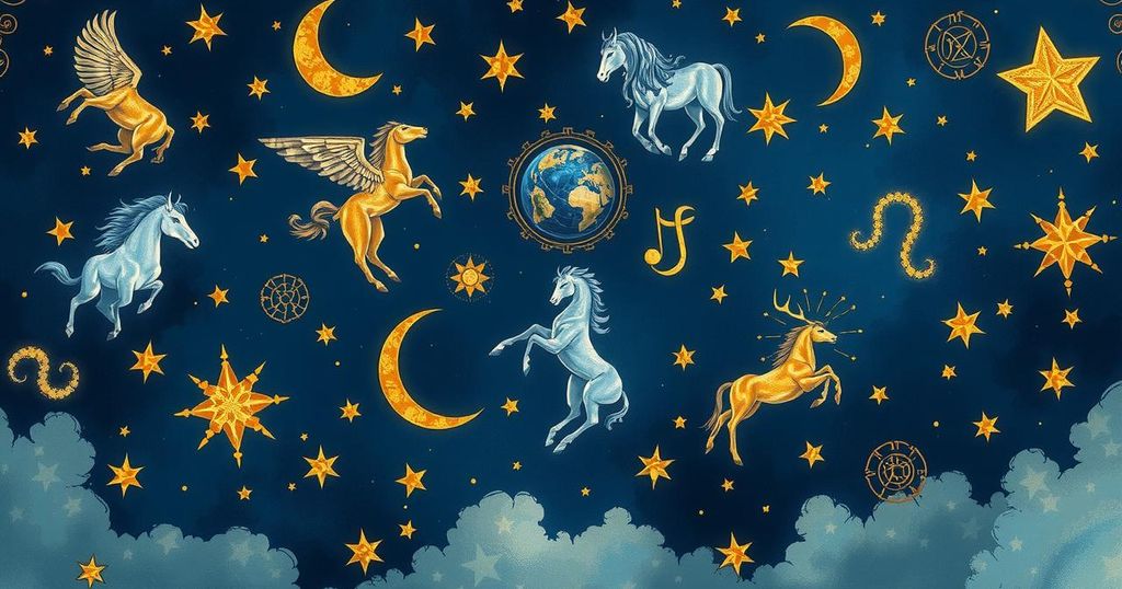 Astrological zodiac signs and celestial patterns surrounded by vibrant stars against a dreamy dark blue background.
