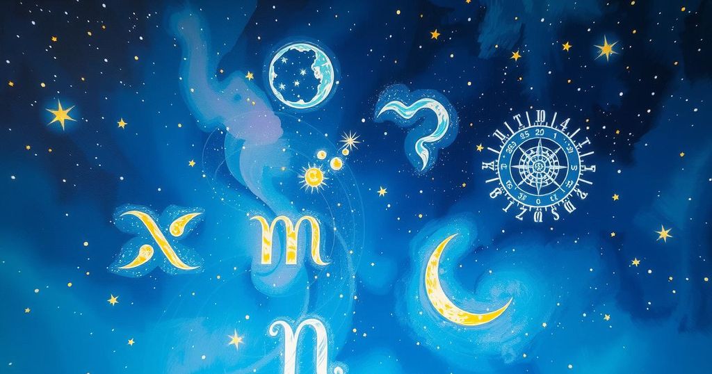 A mystical starry night with astrological symbols glowing brightly, representing the essence of horoscopes.