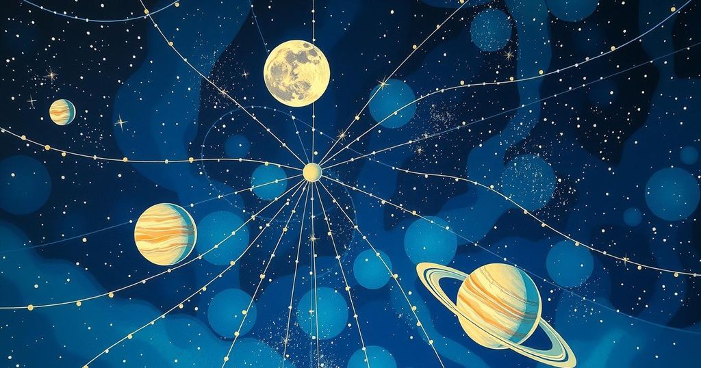 Starry night sky with planets aligning, symbolizing love and transformation for horoscopes.