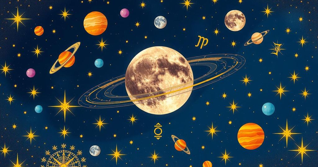 Celestial scene with vibrant astrological symbols and planets, showcasing a cosmic energy flow and mystical atmosphere.
