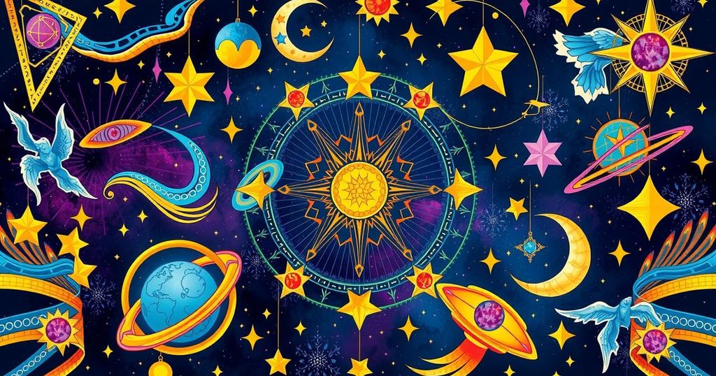 Astrological symbols with celestial elements in vibrant hues representing daily horoscopes for March 1-2, 2025.
