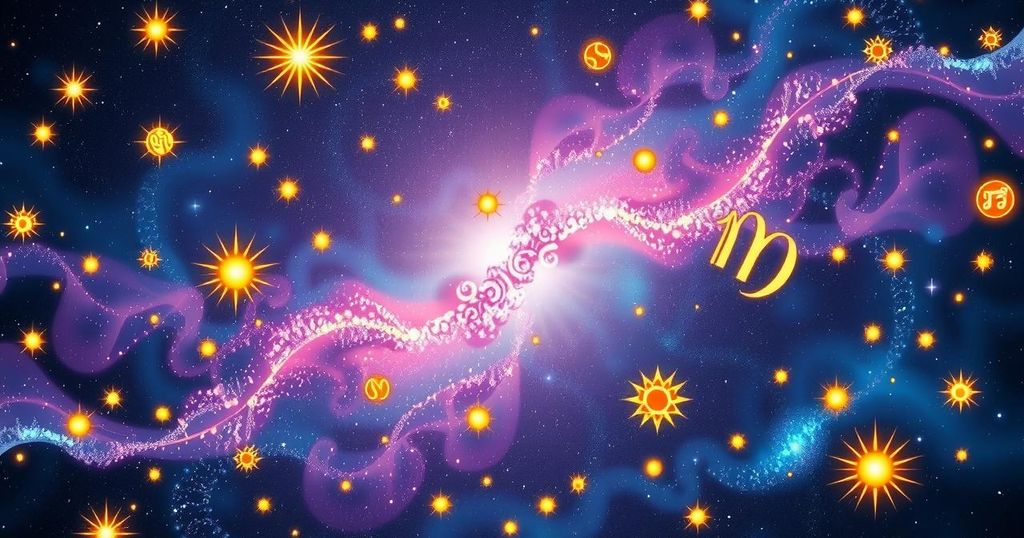 Astrological symbols with a vibrant cosmic backdrop representing positive energy for zodiac signs on June first.