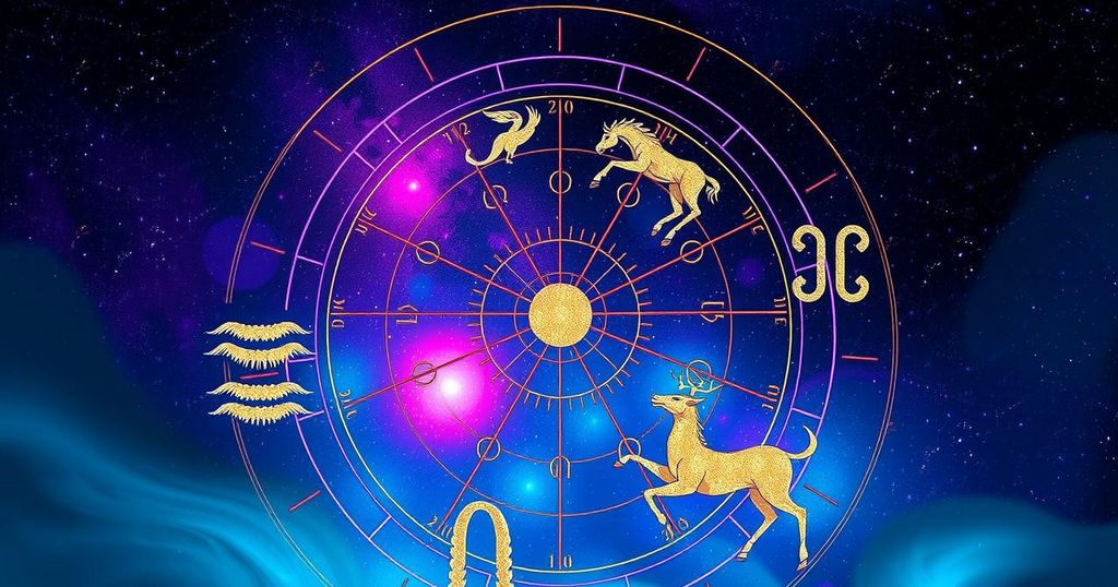 A colourful astrological chart featuring zodiac symbols and a mystical night sky background.