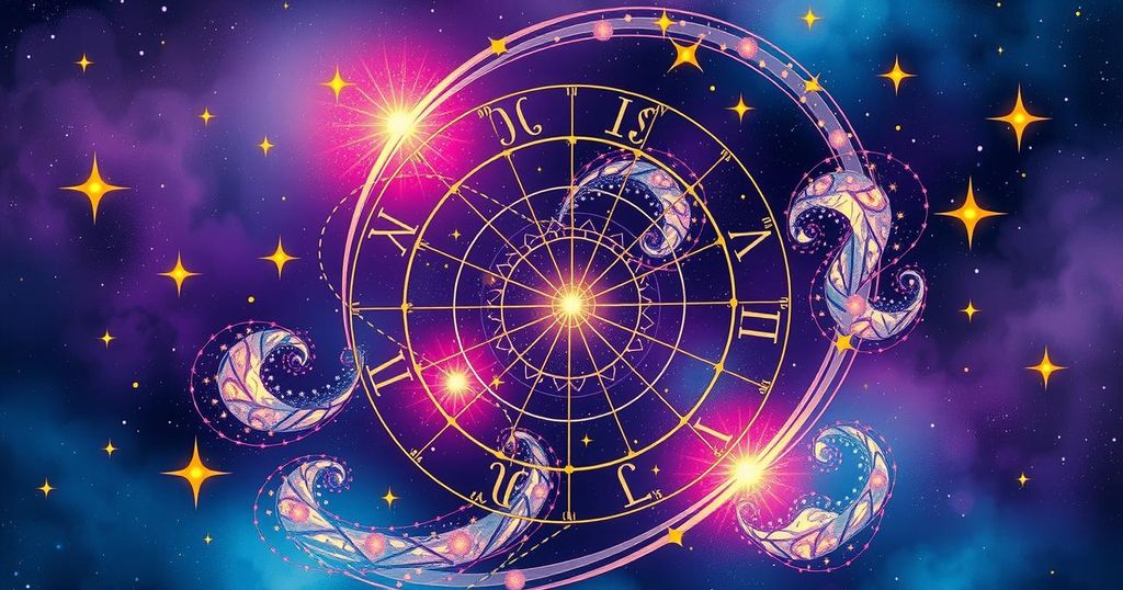 A celestial scene featuring a colourful zodiac wheel with swirling stars and whimsical astrology symbols.