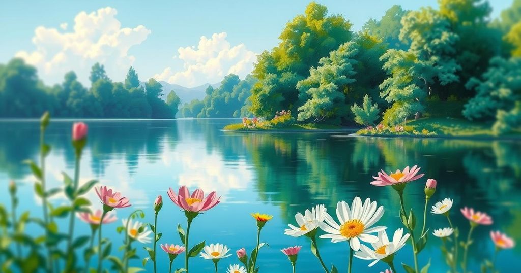 A serene landscape showing a tranquil lake surrounded by blooming flowers and lush trees, under a clear blue sky.
