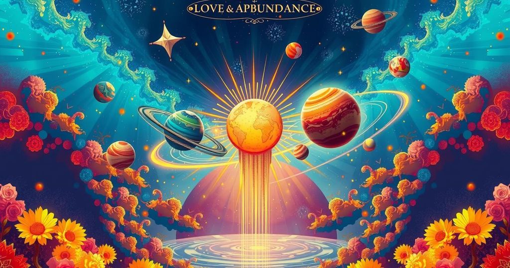 A celestial illustration with stars and planets, showcasing the themes of love and abundance in astrology.