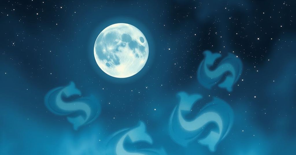 A celestial scene featuring a full moon transitioning from Aquarius to Pisces, surrounded by twinkling stars and a serene night sky.