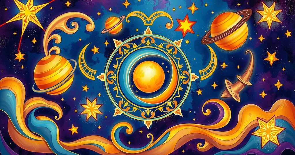 Cosmic theme with astrological symbols, stars, and planets in vibrant colours, evoking a sense of harmony and abundance.