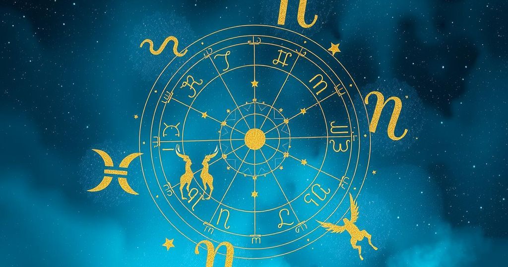 A cosmic-themed illustration featuring zodiac symbols and astrological charts with soothing blue and gold tones.