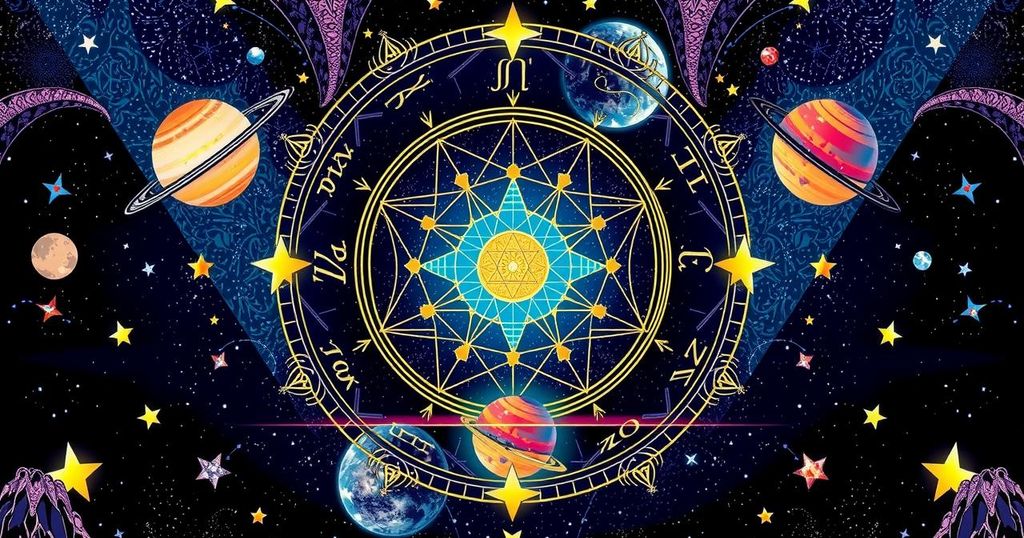Astrological symbols in vibrant colours with celestial background representing horoscopes.