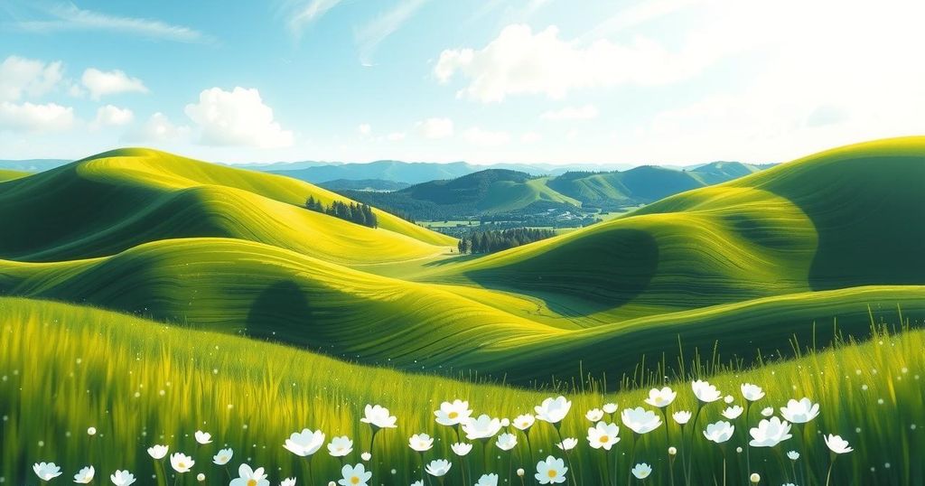 A serene landscape with rolling hills, bright white flowers, and a clear blue sky, symbolising positivity and harmony.