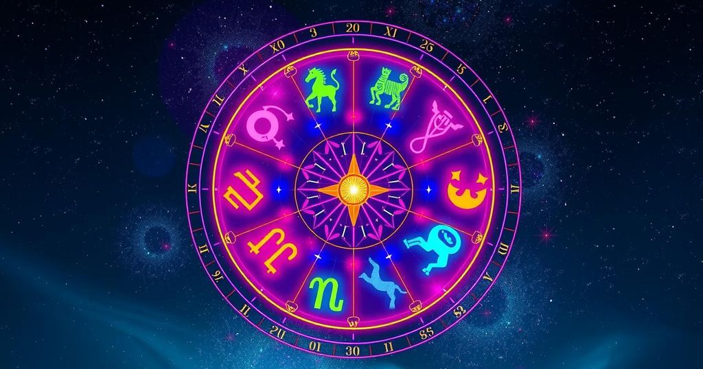 Colourful zodiac wheel with astrological symbols representing luck for each sign in a starry night sky.