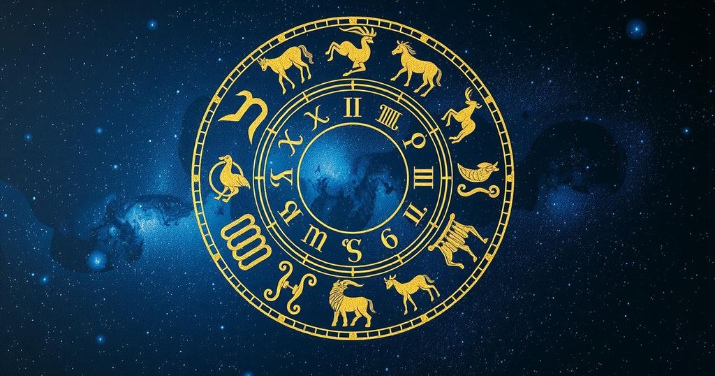 A vibrant astrological design with zodiac symbols on a cosmic background, incorporating blues and golds for harmony.